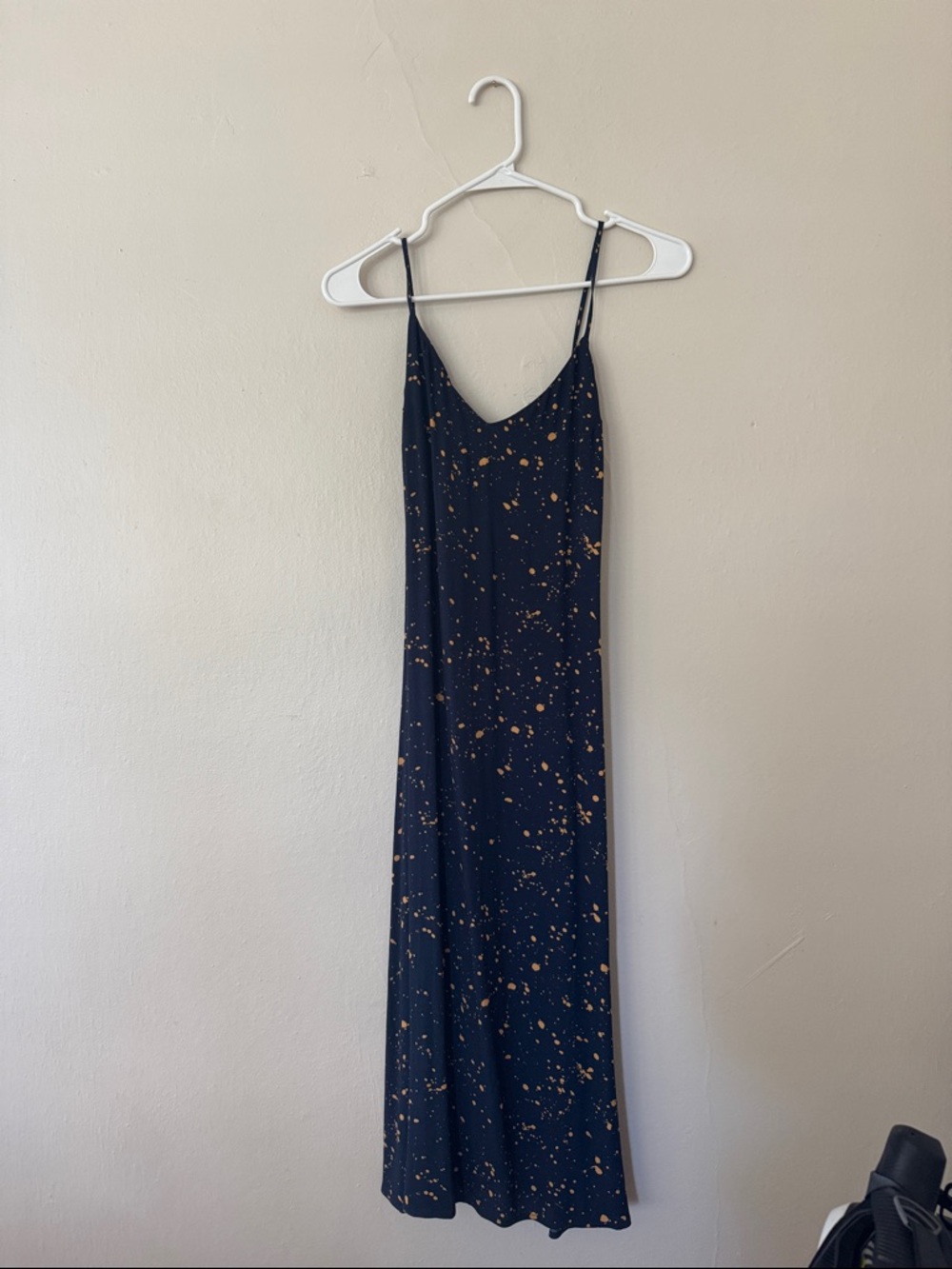 Reformation Navy Slip Dress with Tan Speckle Print